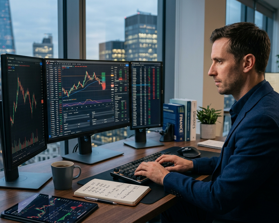 A professional desk with multiple monitors displaying financial charts and a calculator showing risk management data.