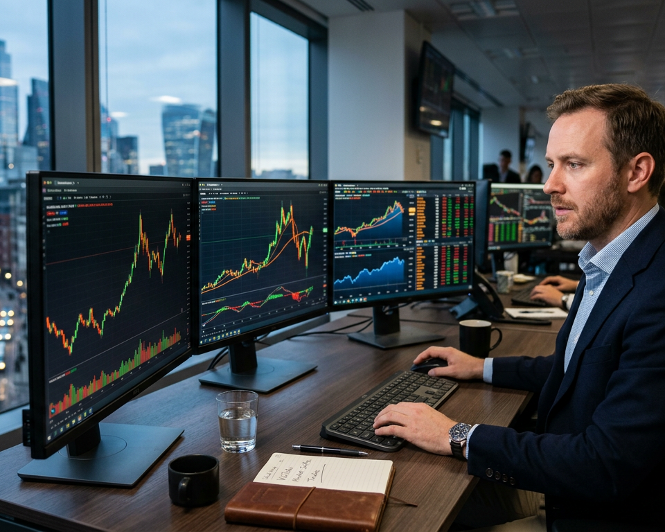 A clean financial chart showing fluctuating price bars and technical analysis lines representing market volatility and price movements.