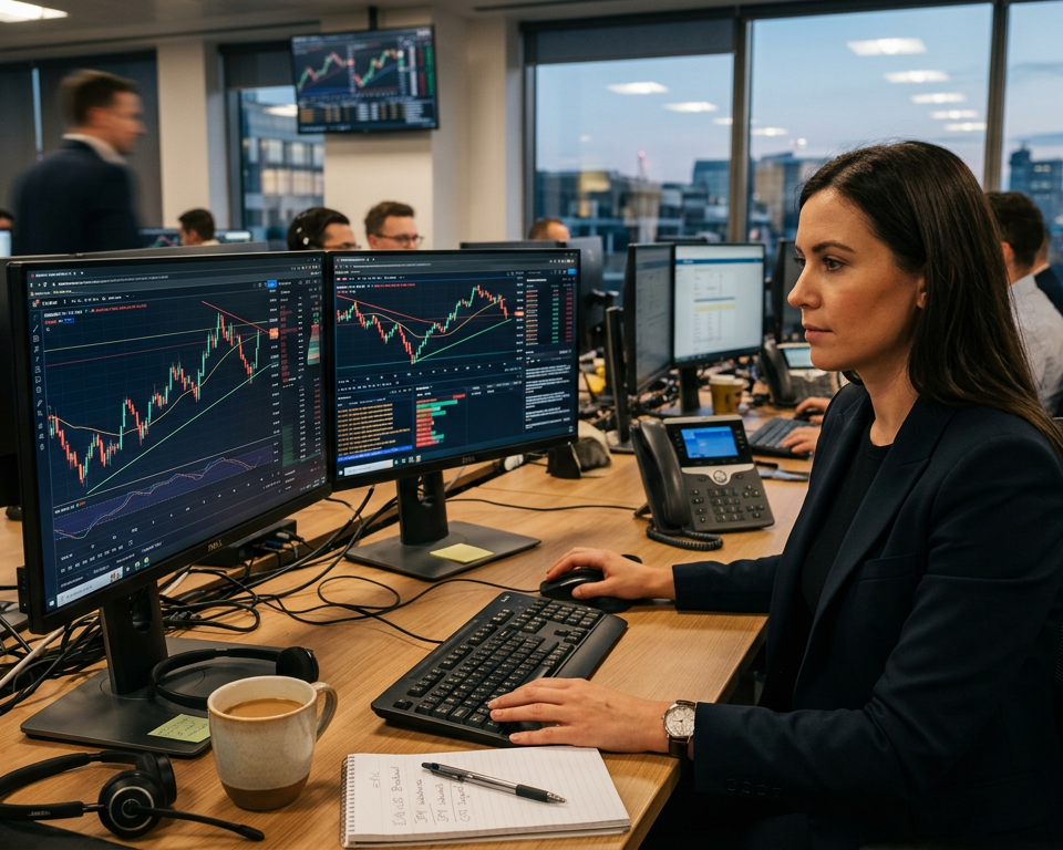 A professional trading environment with multiple screens displaying global financial data and economic charts representing currency fluctuations.