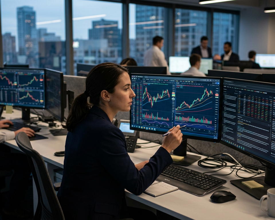 Professional financial workspace with multiple monitors displaying various candlestick charts and economic data visualizations on a wooden desk.