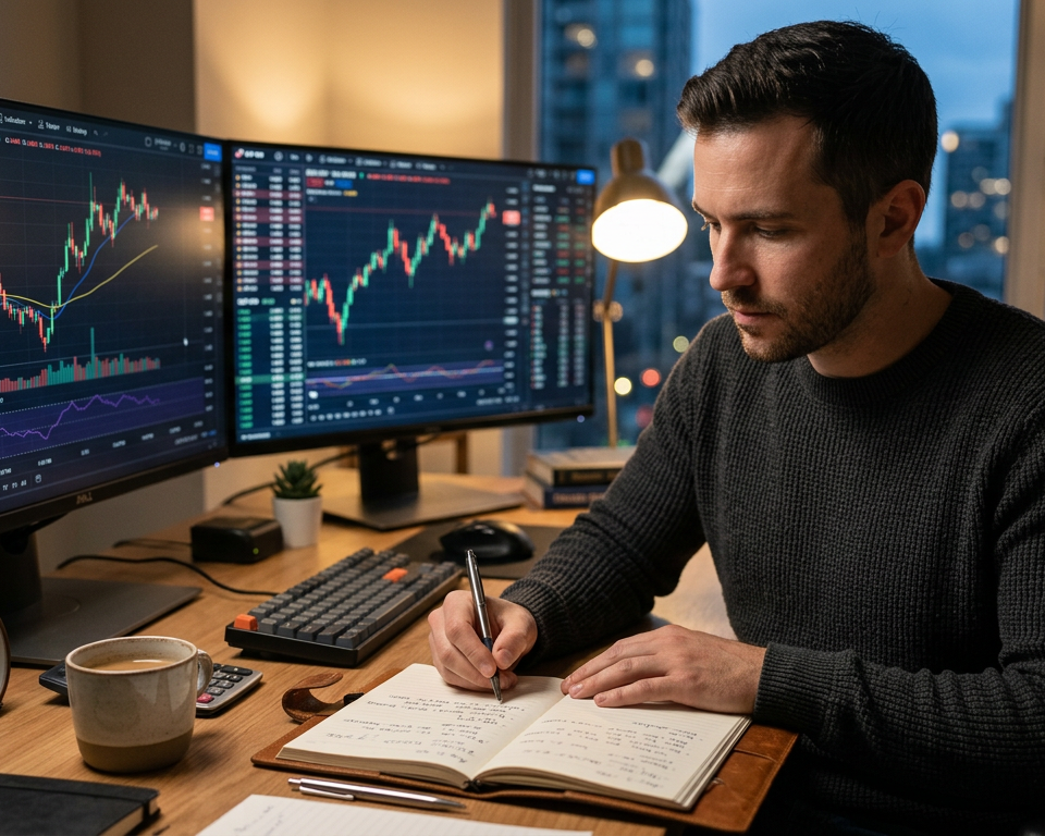 A professional wooden desk with a notebook, a pen, and a laptop showing financial market charts in the background.