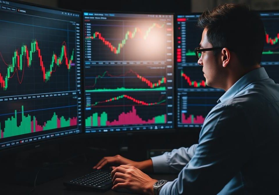 Professional trader analyzing candlestick charts with technical indicators