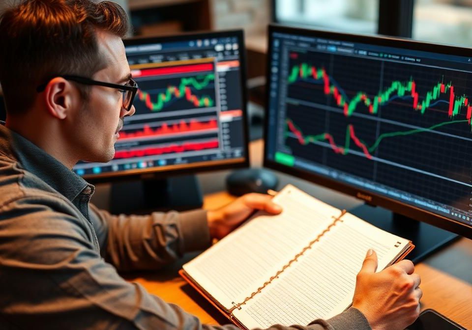 Professional trader reviewing past trades with detailed journal annotations